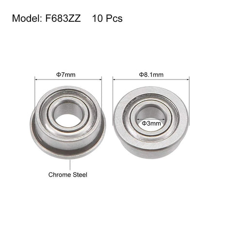 F683ZZ Flanged Ball Bearing 3x7x3mm Shielded Chrome Steel with 8.1mm flange, 10 pack, close-up view showing dimensions and material.