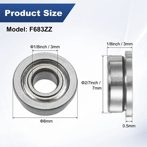 Go To 20 Pack F683ZZ Flanged Ball Bearings 3mm x 7mm x 3mm Double Shield Chrome Steel Z1 GCr15 with size dimensions shown
