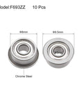 F693ZZ Flanged Ball Bearing 3x8x4mm Chrome Steel, Set of 10, shown with dimensions for mini machines and DIY projects