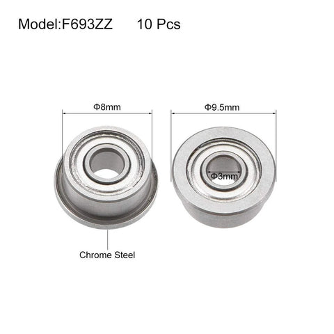 F693ZZ Flanged Ball Bearing 3x8x4mm Chrome Steel, Set of 10, shown with dimensions for mini machines and DIY projects
