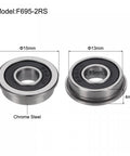 Diagram of F695-2RS Flange Ball Bearing, chrome steel, 5x13x4mm, double sealed, dimensions labeled for micro machinery and mini CNC spindles.