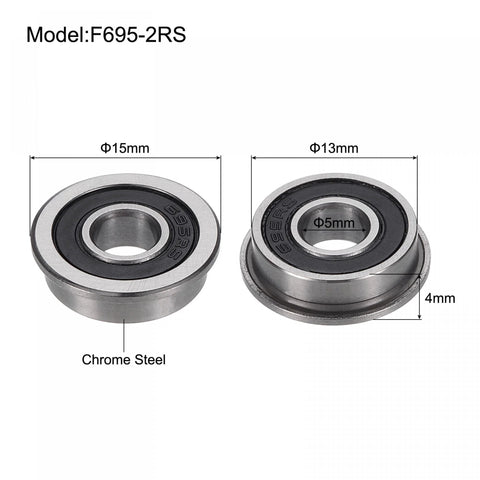 Diagram of F695-2RS Flange Ball Bearing, chrome steel, 5x13x4mm, double sealed, dimensions labeled for micro machinery and mini CNC spindles.