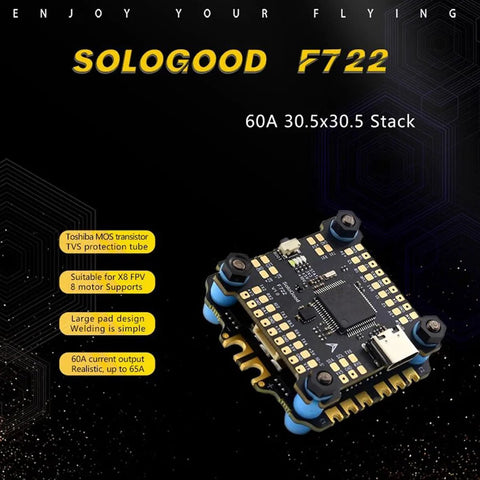 F722 FPV Flight Controller Stack With ICM42688P Sensor And 60A 4in1 ESC 30x30mm for freestyle drones, front view