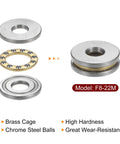Exploded view of HARFINGTON F8-22M miniature thrust bearings; 8mm bore, 22mm OD, 7mm thick, chrome steel with brass cage and washers.