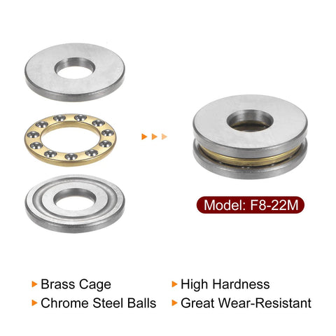 Exploded view of HARFINGTON F8-22M miniature thrust bearings; 8mm bore, 22mm OD, 7mm thick, chrome steel with brass cage and washers.