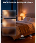Matte finish frosted glass panels for bifold barn door, showcasing privacy and soft lighting in a bedroom setting.