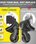 Luggage Wheels Replacement Kit with 4 Wear Resistant Spinner Casters Model H149 shown for fabric and hard cover luggage.