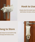 Soft Fabric Door Stopper For Handles With Floral Design Keeps Doors From Slamming And Pinching Fingers Quiet Door Silencer Kid And Pet Safe Farmhouse Style Home Decor You Will Actually Enjoy, shown hooked on door handle in two positions.