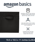 Front view of black collapsible fabric storage bin with sturdy handles, breathable fabric, size 10.5 x 10.5 x 11 inches, labeled Amazon Basics.