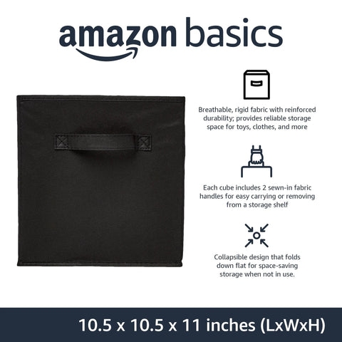 Front view of black collapsible fabric storage bin with sturdy handles, breathable fabric, size 10.5 x 10.5 x 11 inches, labeled Amazon Basics.