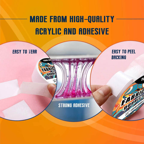 Double-Sided Fabric Tape For Quick Clothing Repairs No Sewing Or Ironing Needed Two Rolls One Quarter Inch And One Half Inch Adhesive Cloth Tape For Hemming, DIY Crafts, Temporary Fixes, And Fabric Bonding - shown with easy tear and peel features