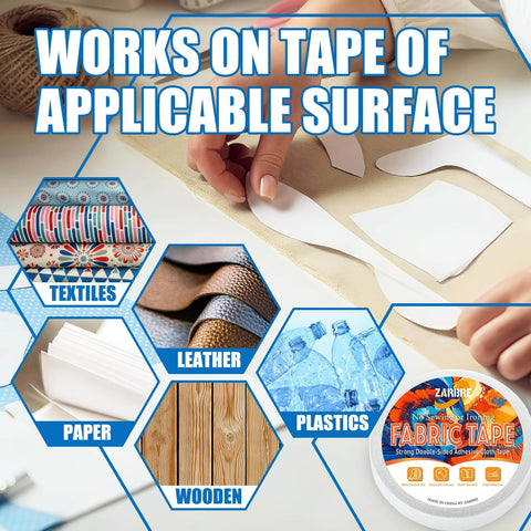 Double Sided Fabric Tape for No Sew Quick Hemming Strong Adhesive No Iron Needed Ideal for Clothes Pants Curtains Crafts and DIY Projects Includes Two Rolls 0.25 Inch X 66 Feet and 0.47 Inch X 66 Feet shown with materials like textiles and plastics.