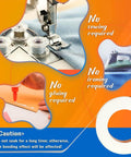 Image showing a double-sided fabric tape next to sewing machine, adhesive application, and iron to illustrate no-sew, no-iron usage.