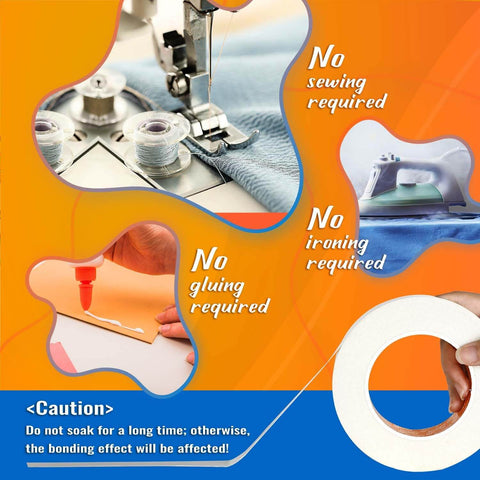 Image showing a double-sided fabric tape next to sewing machine, adhesive application, and iron to illustrate no-sew, no-iron usage.