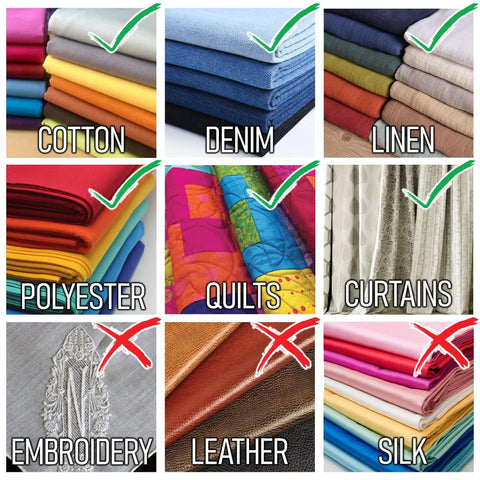 Fabric types suitable for Ultra Fine Needle Tagger Kit With Black White And Color Fasteners For Fabric Safe Clothing Repairs Quilting Crafts And DIY Projects MicroStitch All In One Tagging Gun, including cotton, denim, linen, polyester, quilts, and curtains. NOT suitable for embroidery, leather, or silk.