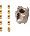Face Mill And Insert Set For R8 FMB22 Arbor With 50mm Cutter And 7 By 16 By 20 UNF Thread, Includes 10 APMT1604 Carbide Inserts And T15 Wrench, 5320 Pro Coated Carbide For 240 Meters Per Minute Cutting, Delivers 3X Tool Life And Faster Material Removal.