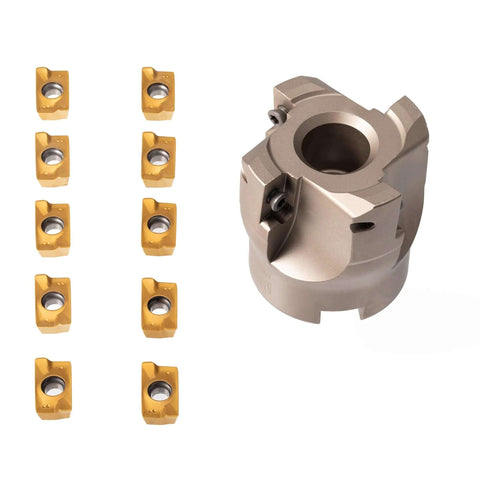 Face Mill And Insert Set For R8 FMB22 Arbor With 50mm Cutter And 7 By 16 By 20 UNF Thread, Includes 10 APMT1604 Carbide Inserts And T15 Wrench, 5320 Pro Coated Carbide For 240 Meters Per Minute Cutting, Delivers 3X Tool Life And Faster Material Removal.