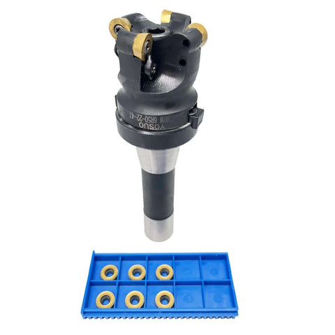 Face Milling Cutter Holder Kit With 10 RPMT1204-M-C DP5320 Carbide Inserts And R8 FMB22 7 16th Shank Shell Mill Arbor shown with inserts