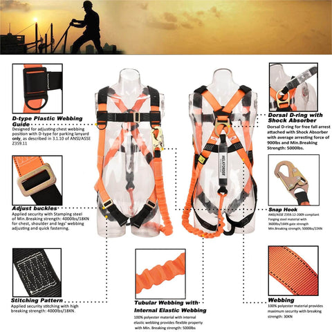 Front and back view of Industrial Fall Protection Safety Harness with 6-foot shock absorber lanyard kit for PFAS