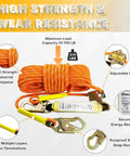 Fall Protection Safety Rope Kit 50 Ft Heavy Duty Vertical Roofing Rope With Alloy Steel Grab Hooks And Shock Absorber Multi Layer Polyester Climbing Line For Roofers Tree Stands Construction And Industrial Use displayed with features like high strength polyester and secure energy absorber.