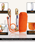 Rock Solid Heavy Duty Fall Protection Rope Kit 25 Ft With Durable Braided Polyester Line Vertical Roofing Grab Snap Hook And Shock Absorber Restraint System For Safe Roofing Work Wear Resistant And Easy To Install showing steel hook and shock absorber.