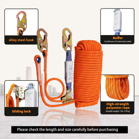 Rock Solid Heavy Duty Fall Protection Rope Kit 25 Ft With Durable Braided Polyester Line Vertical Roofing Grab Snap Hook And Shock Absorber Restraint System For Safe Roofing Work Wear Resistant And Easy To Install showing steel hook and shock absorber.