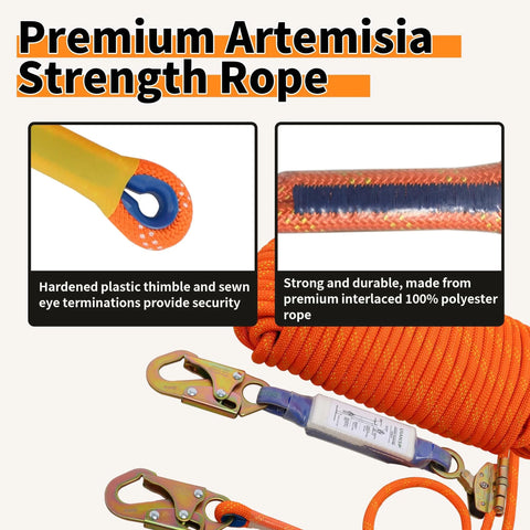 Rock Solid Heavy Duty Fall Protection Rope Kit 25 Ft With Durable Braided Polyester Line Vertical Roofing Grab Snap Hook And Shock Absorber Restraint System For Safe Roofing Work Wear Resistant And Easy To Install