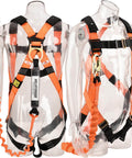 Industrial Fall Protection Safety Harness With 6-Foot Shock Absorber Lanyard Permanent Attached Kit for Personal Fall Arrest System displayed on mannequins.