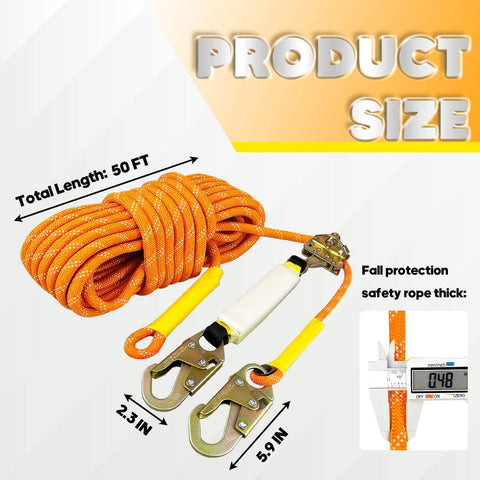 Fall Protection Safety Rope Kit 50 Ft Heavy Duty Vertical Roofing Rope With Alloy Steel Grab Hooks And Shock Absorber Multi Layer Polyester Climbing Line For Roofers Tree Stands Construction And Industrial Use