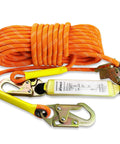 Fall Protection Safety Rope Kit 50 Ft Heavy Duty Vertical Roofing Rope With Alloy Steel Grab Hooks And Shock Absorber Multi Layer Polyester Climbing Line For Roofers Tree Stands Construction And Industrial Use, coiled rope with hooks and absorber.
