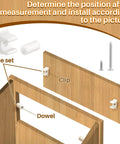 Diagram showing installation of Juexica False Cabinet Front Clip, including clip and dowel with screws on wooden cabinet panel.