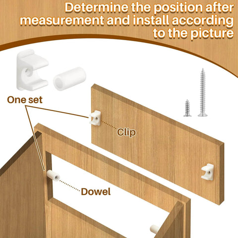 Diagram showing installation of Juexica False Cabinet Front Clip, including clip and dowel with screws on wooden cabinet panel.