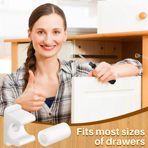 Woman holding Juexica False Cabinet Front Clip False Drawer Front Clips Sink Tip Out Snap with Screws Screwdrivers for Hardware Replacements