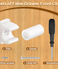 Juexica False Cabinet Front Clip set with dowels, screws, and screwdriver for hardware replacements, 4 pairs in white.