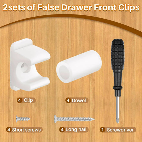 Juexica False Cabinet Front Clip set with dowels, screws, and screwdriver for hardware replacements, 4 pairs in white.
