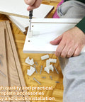 Person installing Juexica False Cabinet Front Clip on white panel with screws and screwdriver, featuring 4 pairs for replacements.