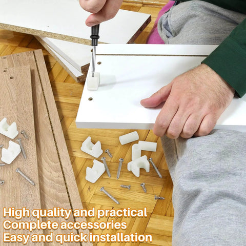 Person installing Juexica False Cabinet Front Clip on white panel with screws and screwdriver, featuring 4 pairs for replacements.