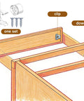 Diagram showing installation of 8 Pairs False Front Cabinet Clips for Kitchen Cabinets with screws and dowels for secure attachment.