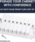 Set Of 10 False Front Cabinet Clips With Screws For Four And A Half Inch Drawer Fronts Heavy Duty ABS, shown on display.