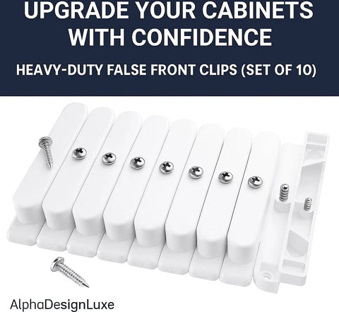Set Of 10 False Front Cabinet Clips With Screws For Four And A Half Inch Drawer Fronts Heavy Duty ABS, shown on display.