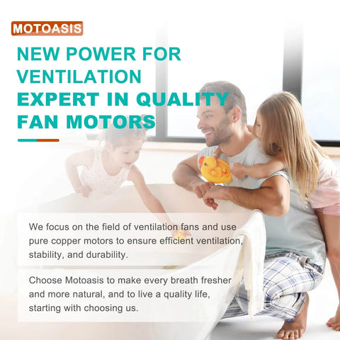 Father and daughter sitting with bath toy, promoting Motoasis quality ventilation fan motors.