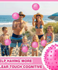 Family playing with 24 Pieces Knobby Balls 4.72" Bouncy Spiky Sensory Ball Bulk Soft Inflatable Massage Stress Plastic Toy for Beach.