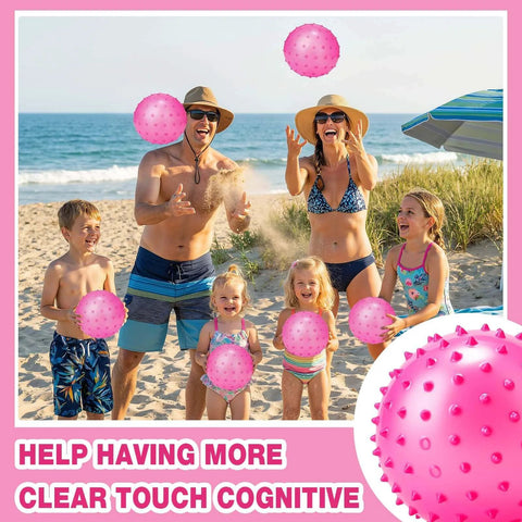 Family playing with 24 Pieces Knobby Balls 4.72" Bouncy Spiky Sensory Ball Bulk Soft Inflatable Massage Stress Plastic Toy for Beach.