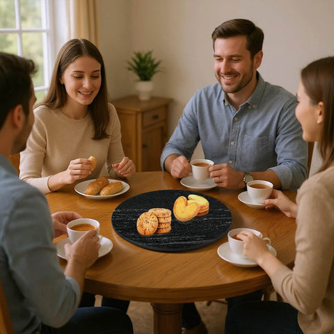16 inch black marble lazy susan for kitchen use, natural stone rotating serving and organizer tray with cookies at a dining table.