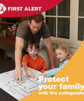 Family planning fire safety escape route with First Alert poster in home setting