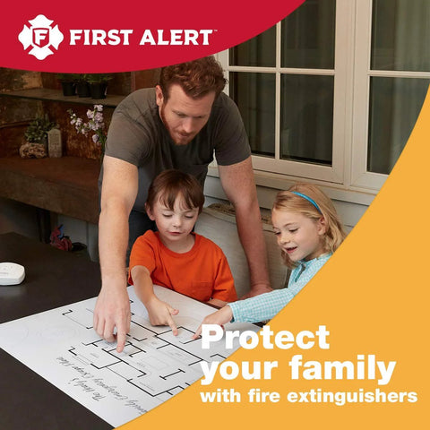 Family planning fire safety escape route with First Alert poster in home setting