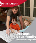 Man and two children looking at a fire escape plan indoors, focusing on fire safety in home environment.