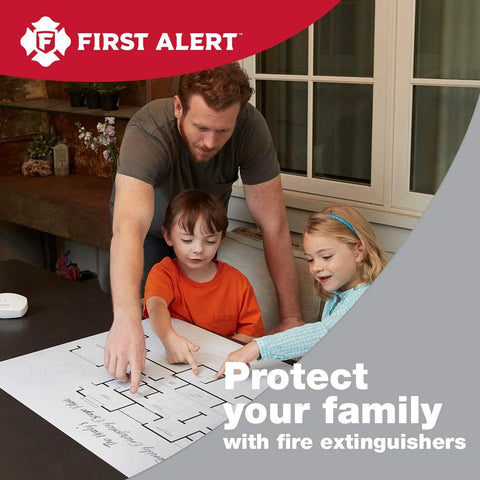 Man and two children looking at a fire escape plan indoors, focusing on fire safety in home environment.
