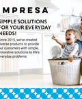 Mother and child playing with a laundry basket in a bright kitchen, promoting simple everyday solutions from Impresa.