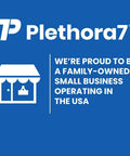 Plethora7 logo with text 'Proud to be a family-owned small business operating in the USA' on blue background.